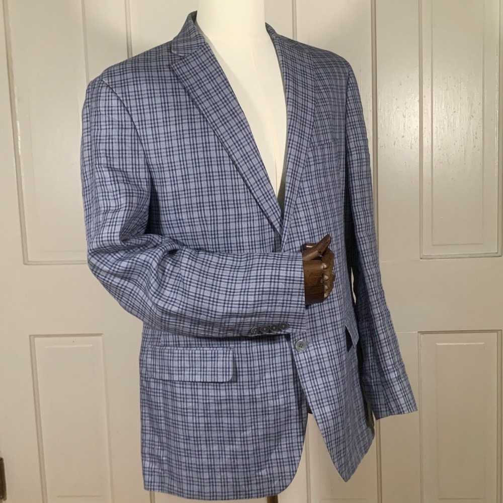 Lauren‎ Ralph Lauren Blazer Mens 44L Blue Plaid Linen Sport Coat 2 Button - Picture 2 of 15